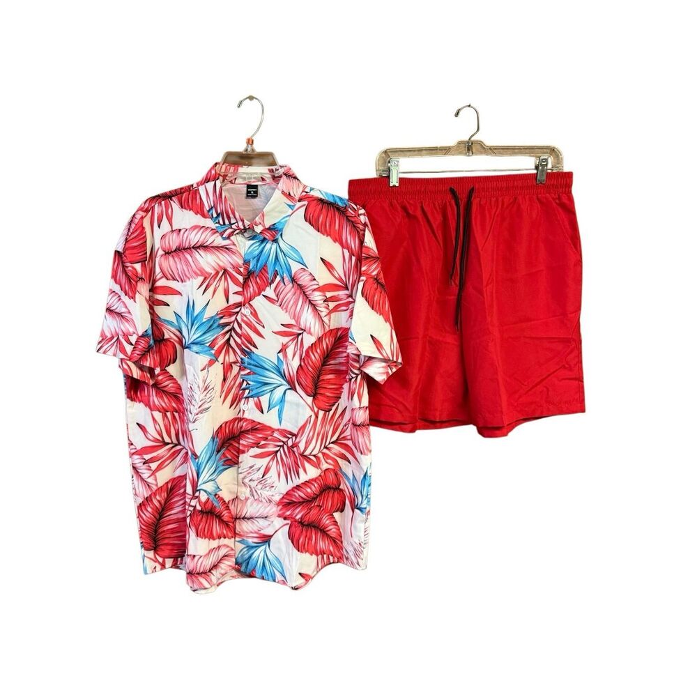 Manfinity Mens Hawaiian Short Set Sz XL  (36-38) Red/White  NWOT